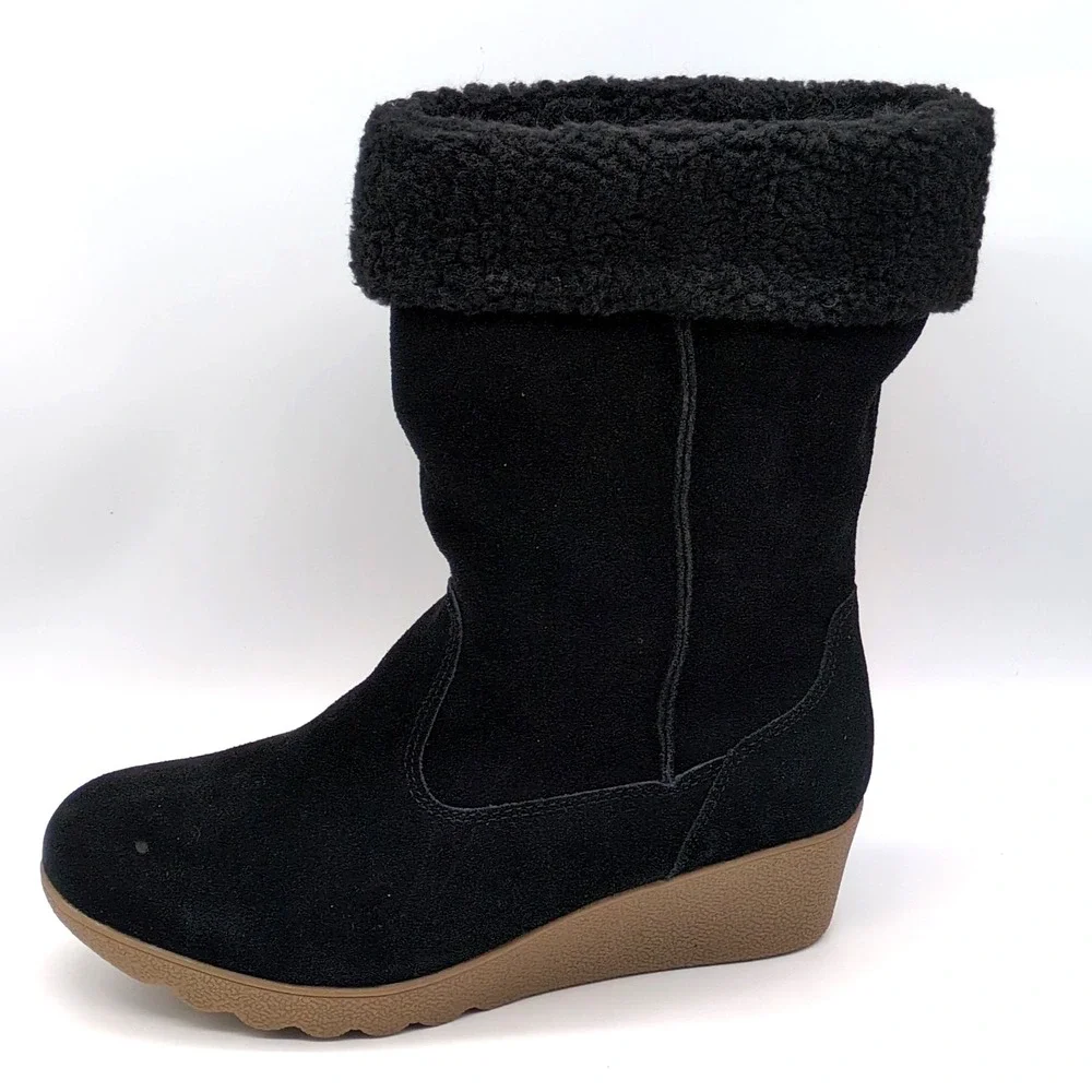 Lands End Shoes Womens Black 9.5 Suede Winter Boots Faux Fur Lined Wedge Pull On